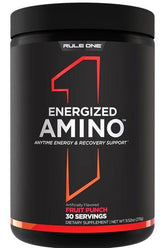 Rule One Energized Amino supplement tub, fruit punch flavor, supports muscle recovery and energy boost.
